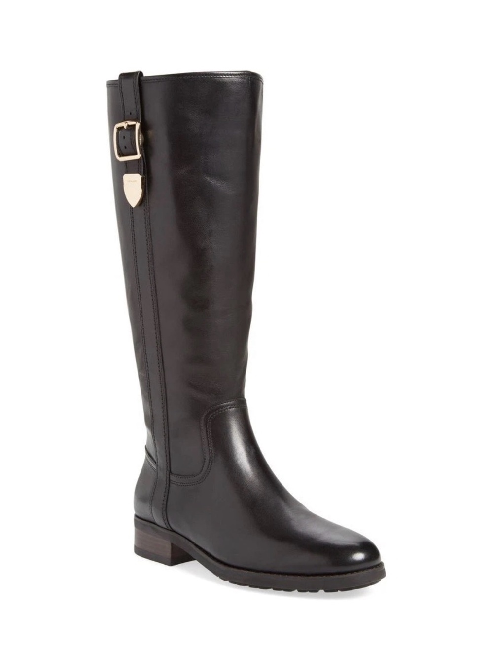 Coach Easton Black Calf Leather Tall Riding Boots Sz 9 Gold Accented Logo Buckle